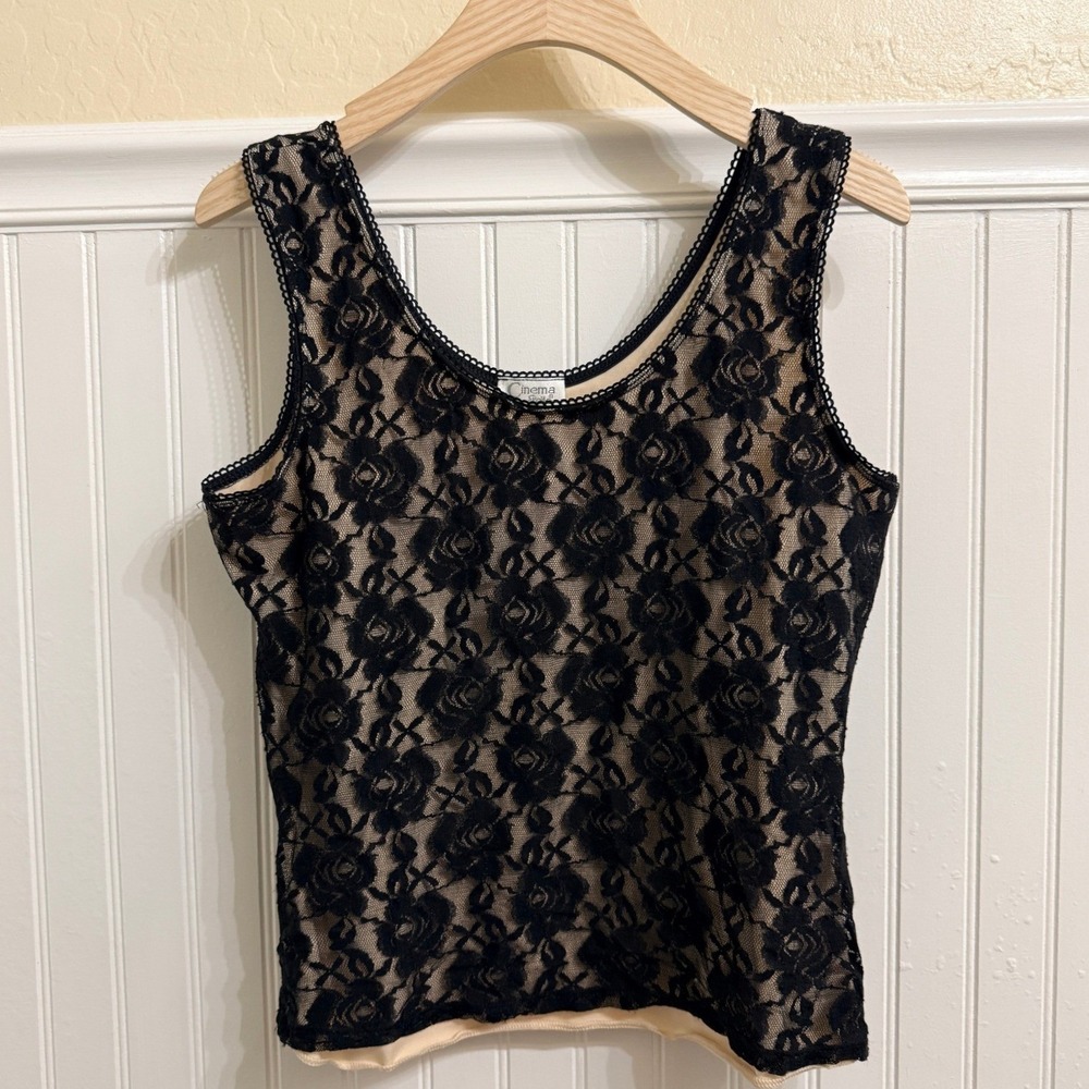 Cinema Etoile Vintage Women Goth Scoop Neck Lace Tank Top, Black Tan, L